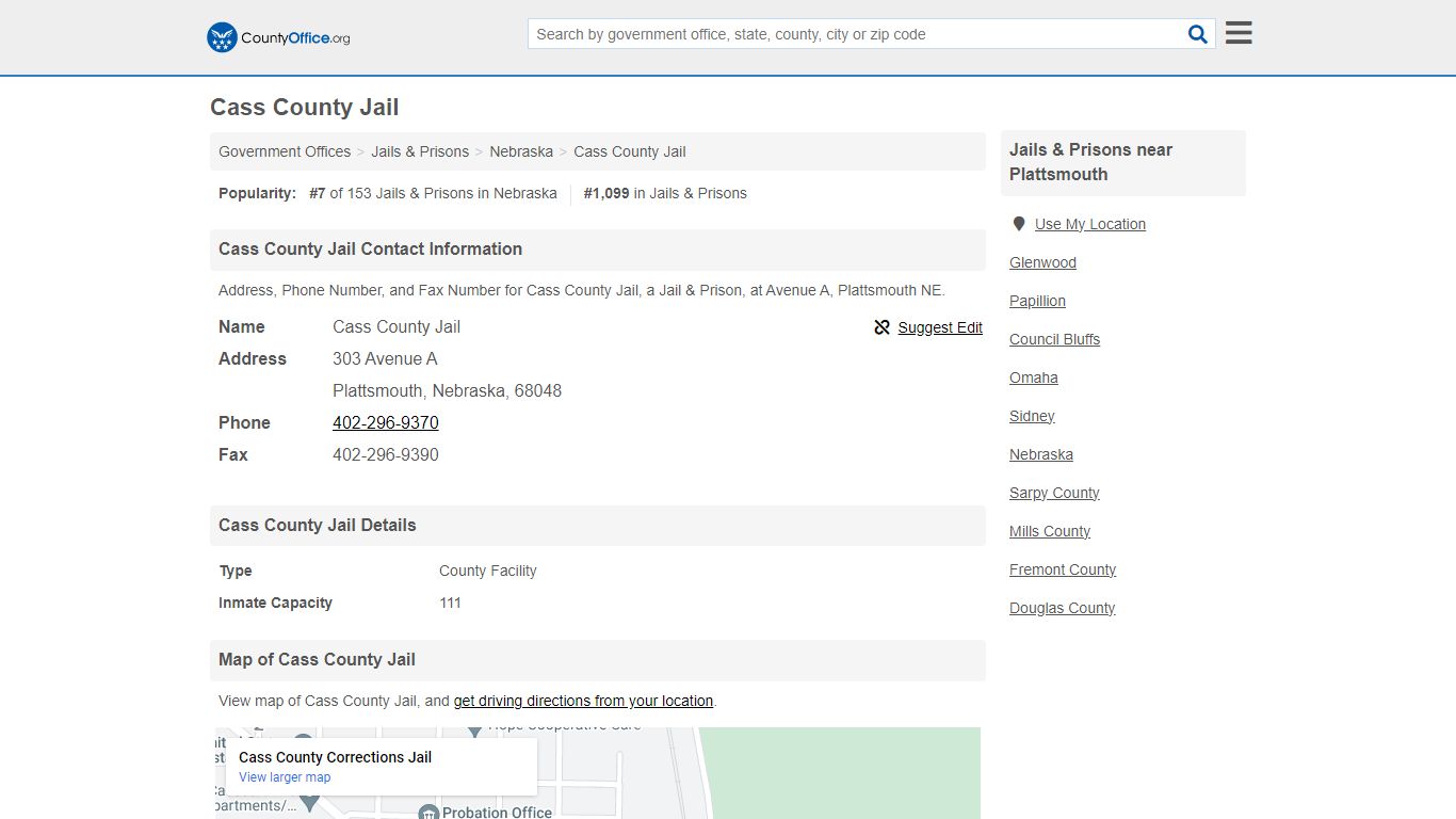 Cass County Jail - Plattsmouth, NE (Address, Phone, and Fax)